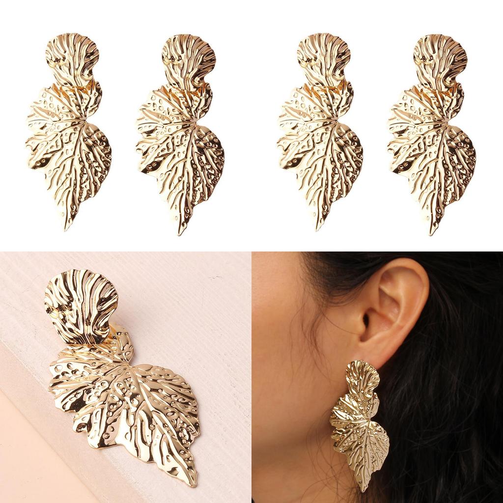 Metal Leaf Earrings With Gold Coating And Bold Design For Women