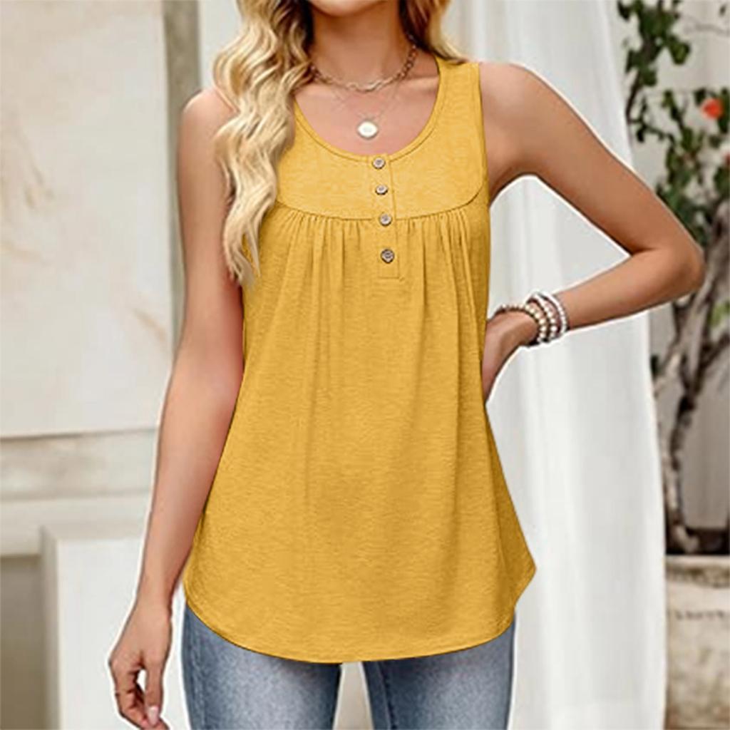 Women's Fashionable Plain Color, Round Neck, Button-Decorated Sleeveless Vest Top, Suitable For Both Inner And Outer Wear.