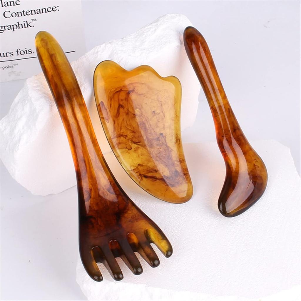 3Pcs/Set Gua Sha Massage Tools Synthetic Resin Head Massage Comb Beauty Scraping Board Acupoint Stick Skin Lifting Detox (Color : Set A)