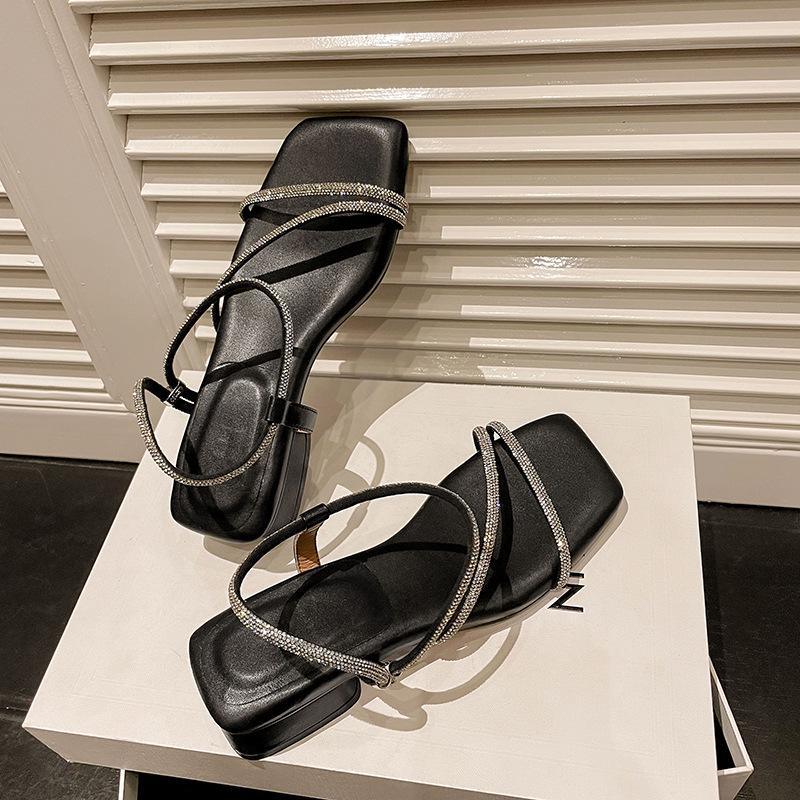 

Rhinestone open-toed sandals female 2025 new summer square head simple versatile fairy shoes 40