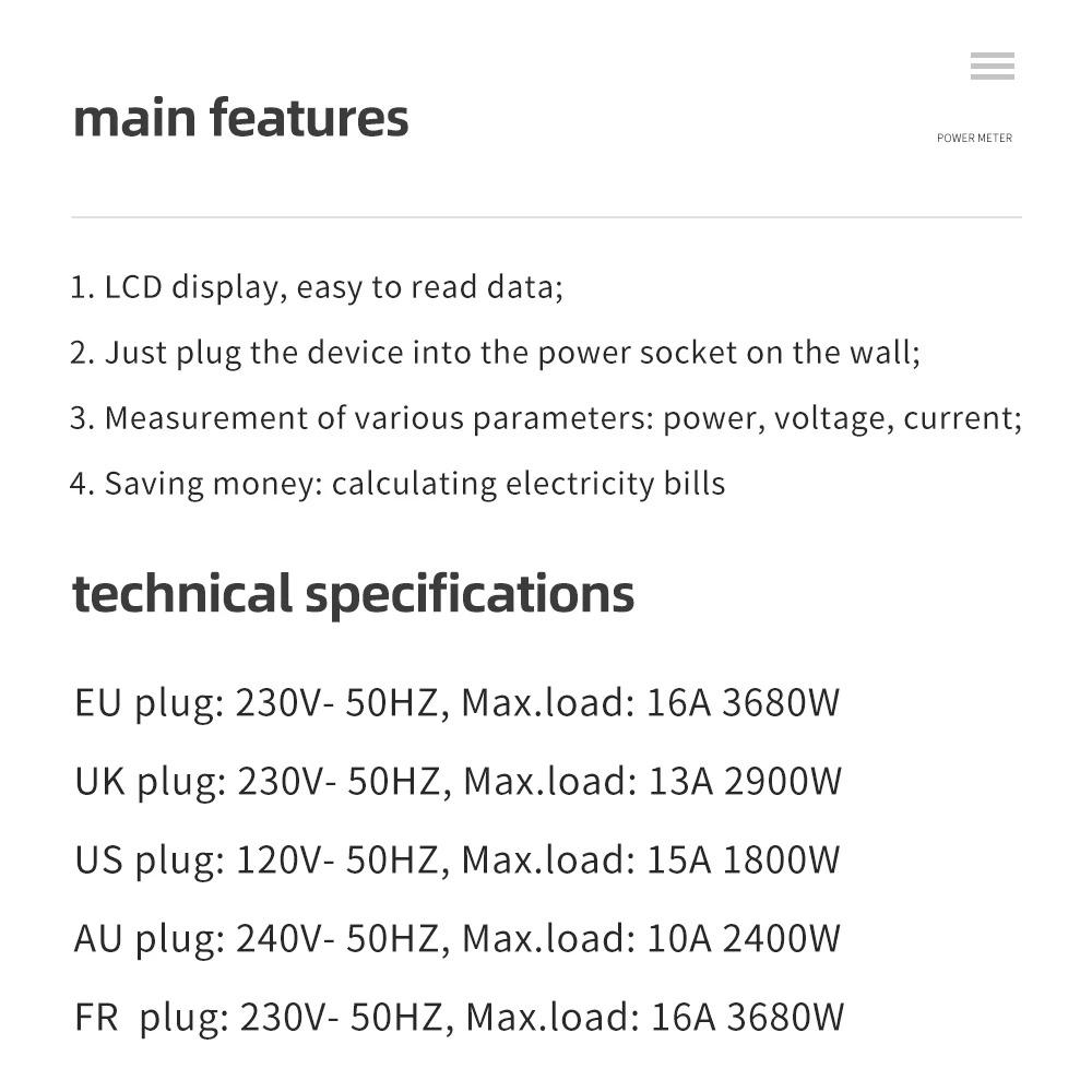 Electronic Energy Meter Measuring Outlet Socket Digital Wattmeter Power Voltage Wattmeter Power