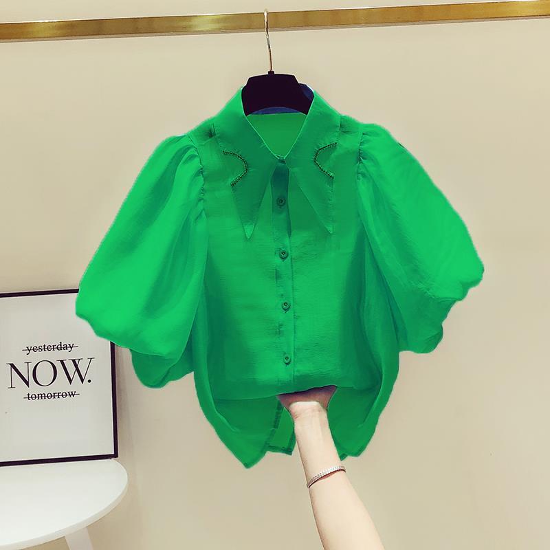 French Style Elegant Puff Sleeve Blouse Fashion Turn-down Collar Chic Diamonds Women's Clothing Summer Single-breasted Shirt New