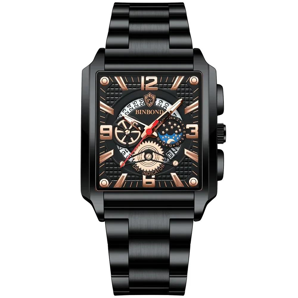 BINBOND Classic Men Watches Square Type Watch for Man Quartz Movement Stainless Steel Waterproof Luminous Date Trend Watch