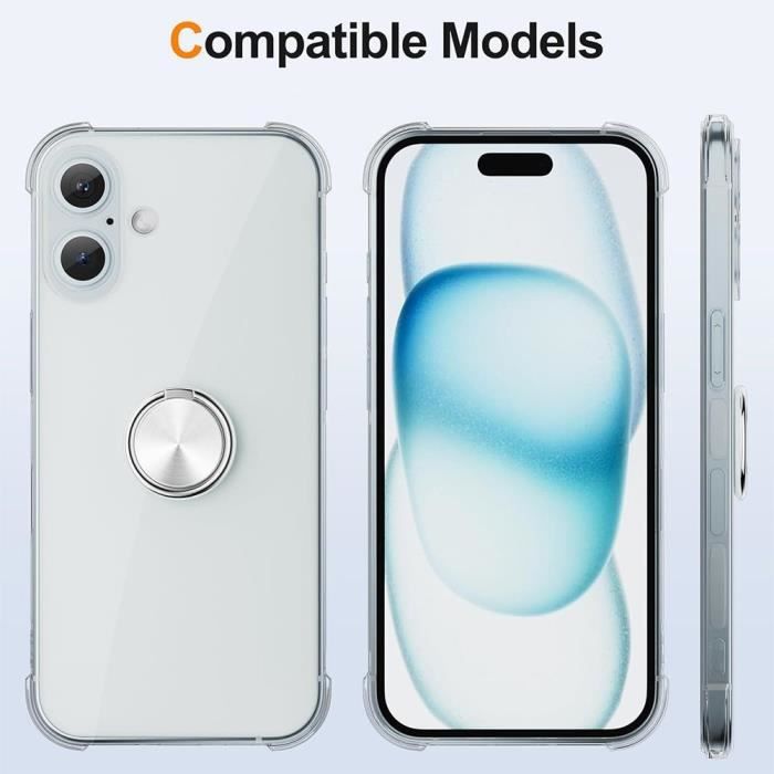 Case for iPhone 16 Plus, with 360-Degree Rotating Silver Ring Stand