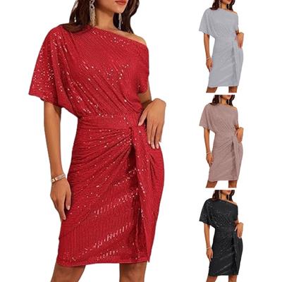 Večerné šaty s flitrami, jednoramenné, so šikmým výstrihom, dĺžky po kolená, slim fit, so šnurovaním, s mašľou, asymetrický dizajn, plisované puzdrové šaty, šaty pre celebrity na ples, banket