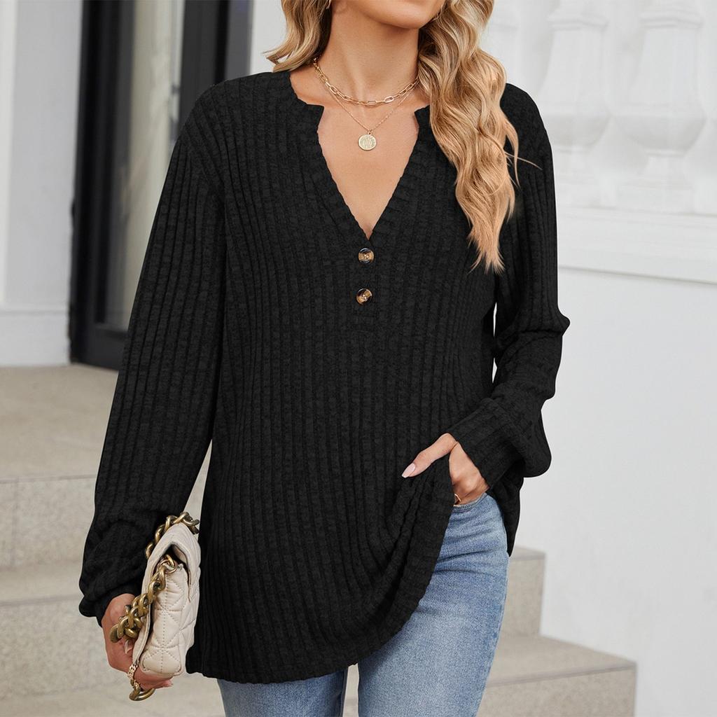 Women's Fashionable Solid Color V Neck Button Long Sleeved Loose T-shirt Top