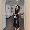 2026 French Style Elegant Black Polka Dot V-Neck Slit Dress with Drawstring Waist - Women's Slimming Little Black Dress