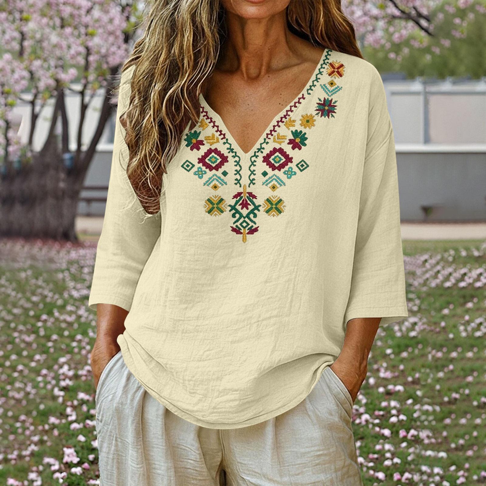 

Women s Loose-fitting Fashionable Cotton Linen V-neck Embroidered Print Casual Top L бежевый