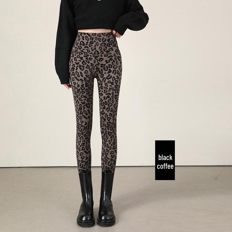 Leggings med hög midja och leopardmönster: Dambyxor för höst/vinter, smalnar av, kontrollerar magen, lyfter rumpan, med plus sammet, för yoga.