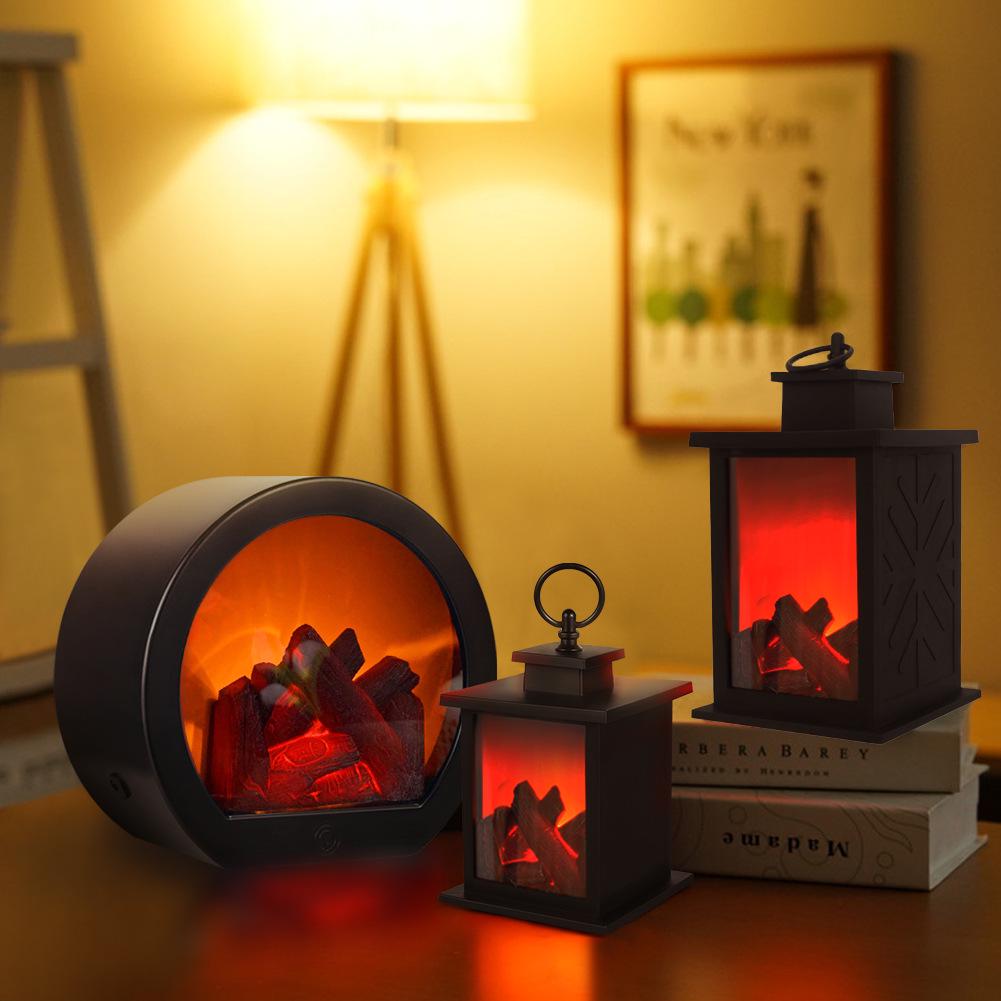 LED Fireplace Simulation Decorative Ornament: Creative Small Candle Holder with Charcoal Flame and Hurricane Lamp Design.