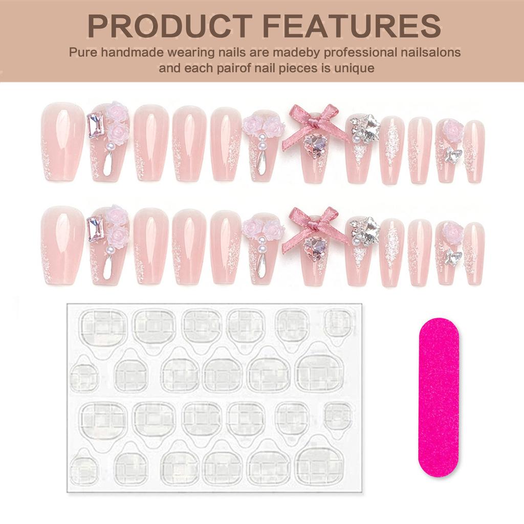 Pink Fake Nails with Rhinestone Decor Sweet & Charming Reusable False Nails for Shopping Traveling Dating