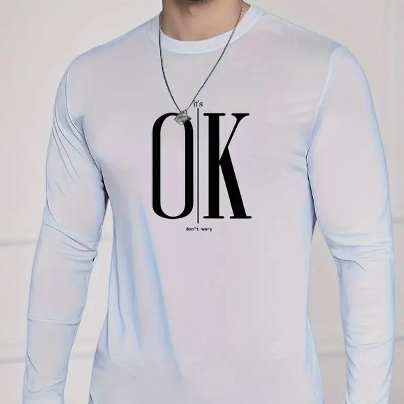 OK Letter Print Men's Tshirts Long Sleeve Tees Round Neck Casual Pullover Men's Clothing Plus Size