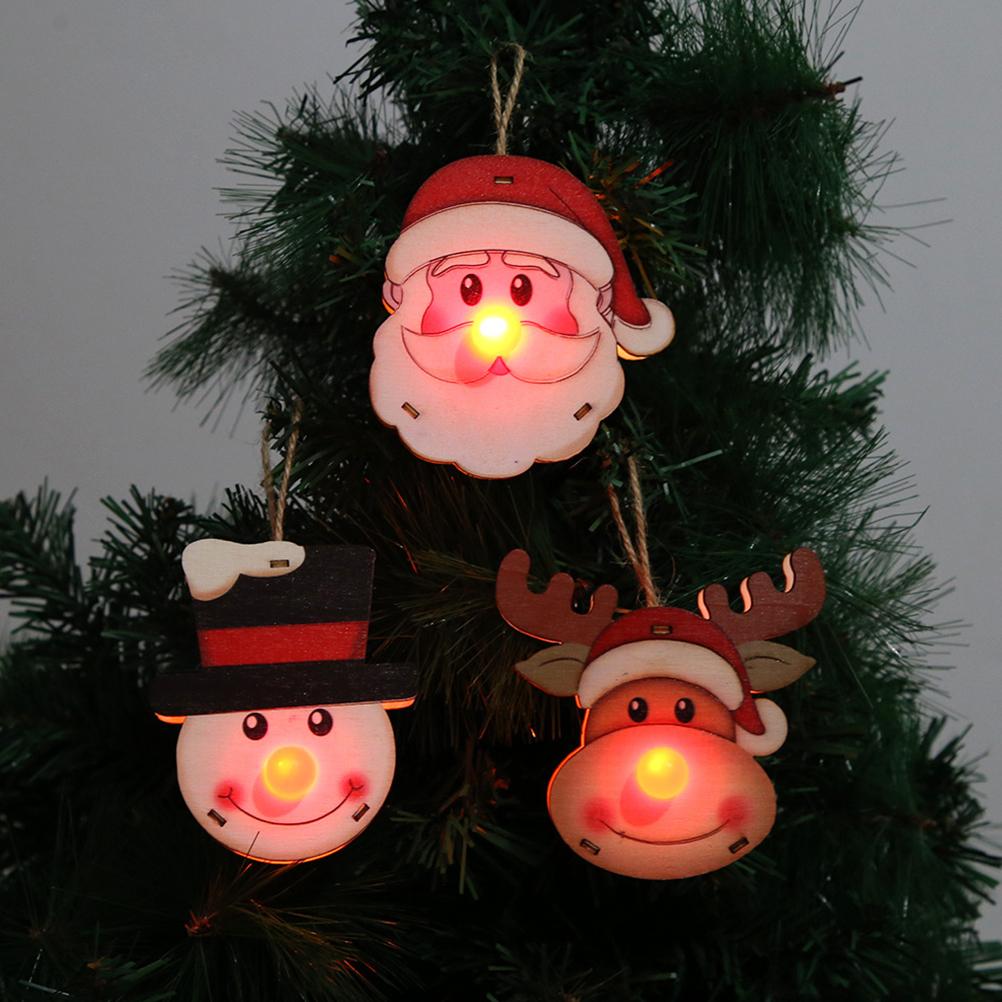 3PCS Christmas Wooden Pendant with LED Light Santa Elk Snowman Pattern Luminous Pendant Christmas Tree Decoration