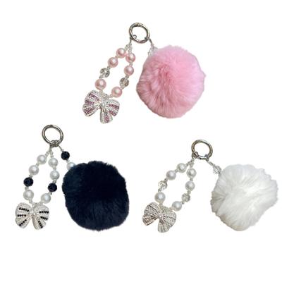 Fashionable Keychain Featuring Sparkling Rhinestones Bowknot And Plush Pom For Elegant Personal Style Daily Social