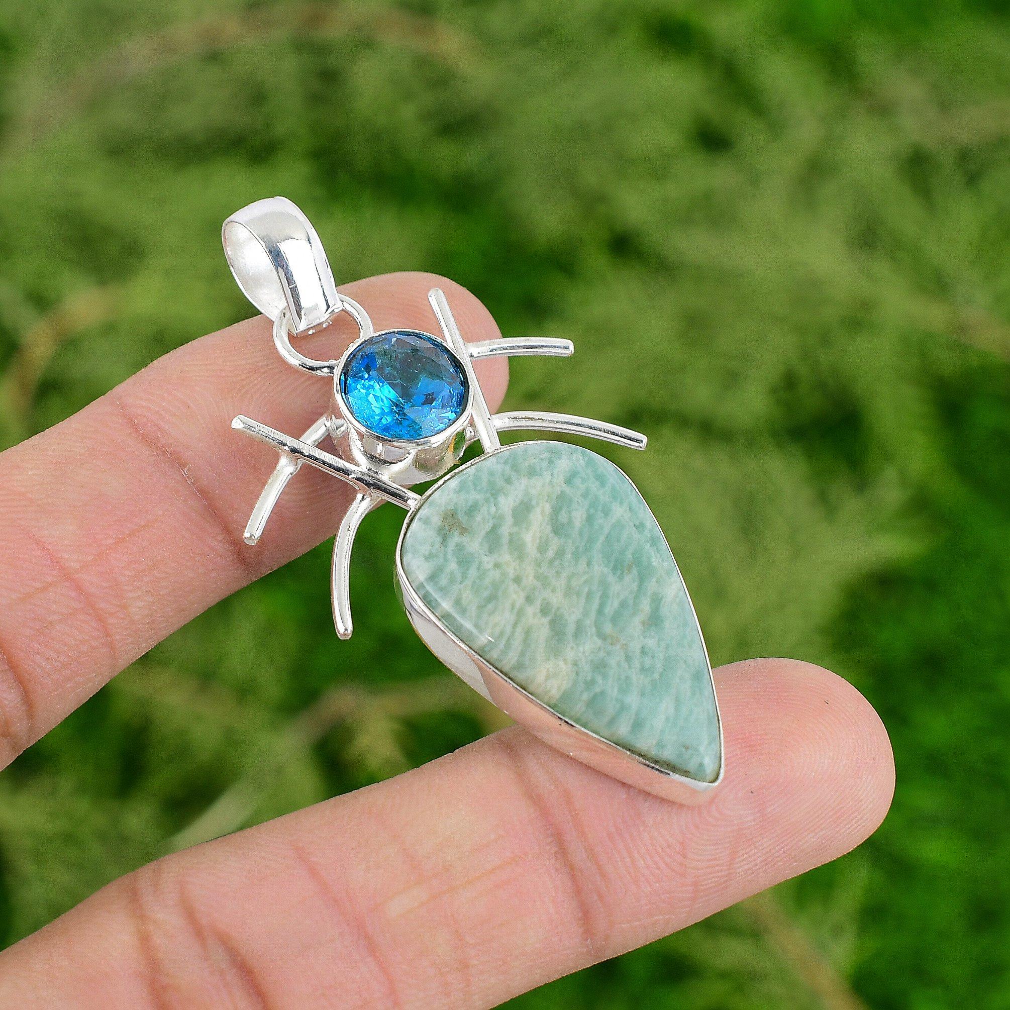 

Sterling Silver Natural Amazonite Swiss Blue Topaz Birthday Boho Pendant Jewelry