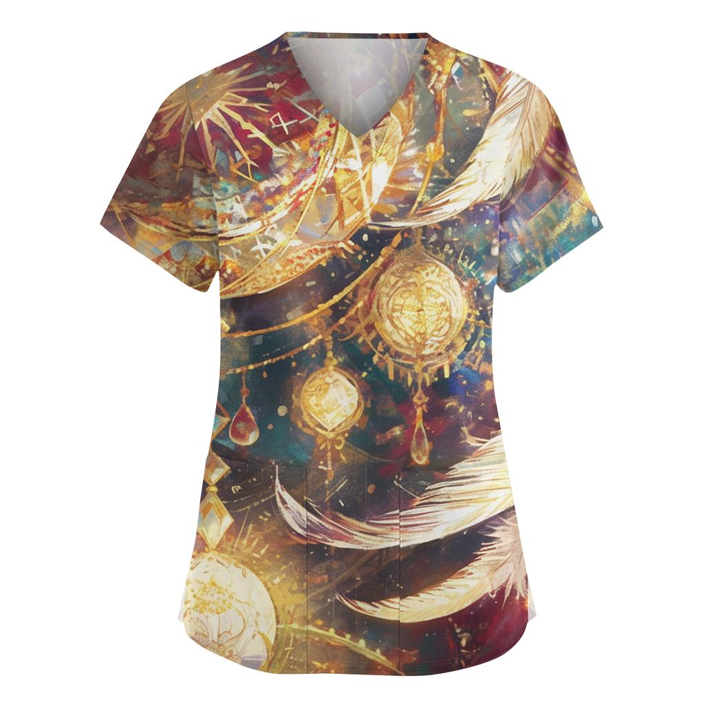 Women's Fashionable V-neck Workwear Printed Short Sleeved Pocket Side Slit Workwear Basic Pullover Top