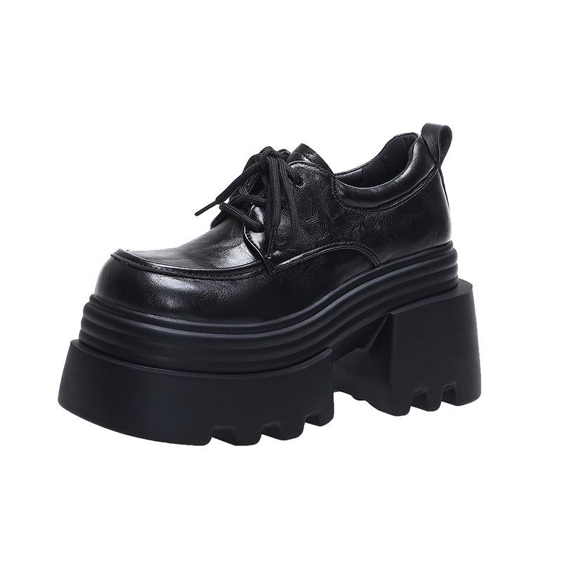 Cm Height Increase Women's Thick-soled British Small Leather Shoes Women's Autumn New Versatile and Thin Lace-up Single Shoes