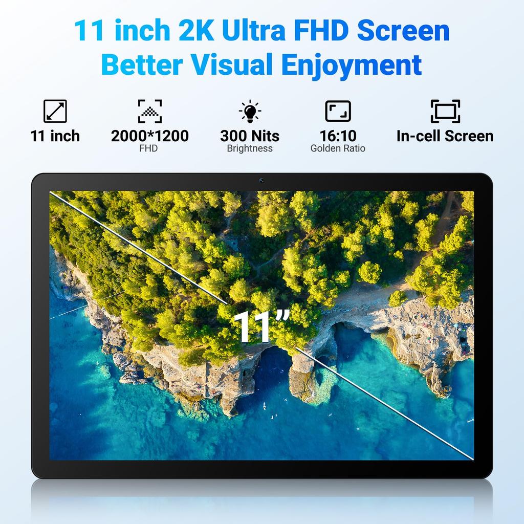 Tablet Android 16, 11 palců, 30 GB RAM + 128 GB ROM, WiFi 6, Bluetooth 5.3, Duální fotoaparát
