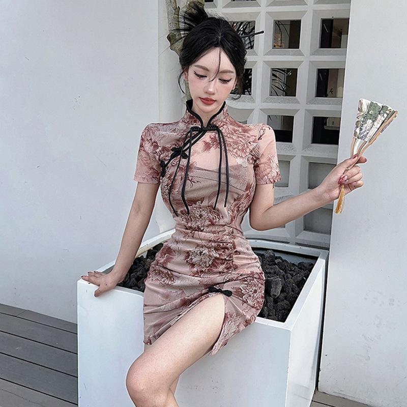 2025 fashion new women's clothing retro disc buckle split slim fit improved cheongsam skirt