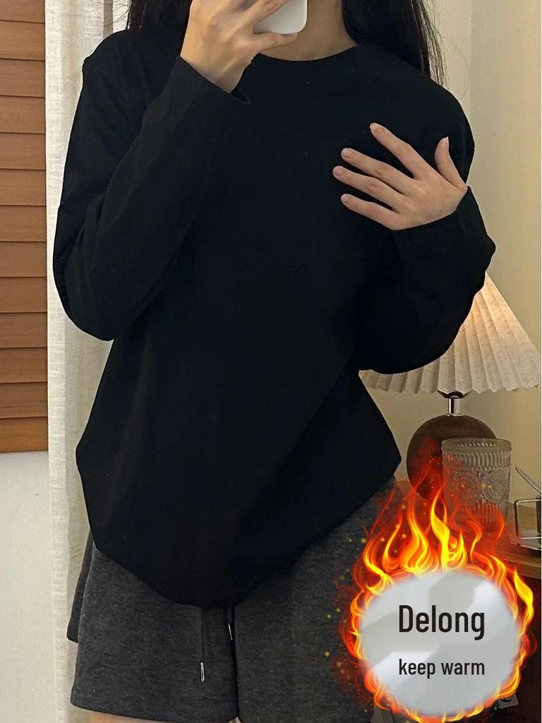 Unisex Solid Color Thickened Round Neck Long Sleeve T-shirt for Autumn/Winter