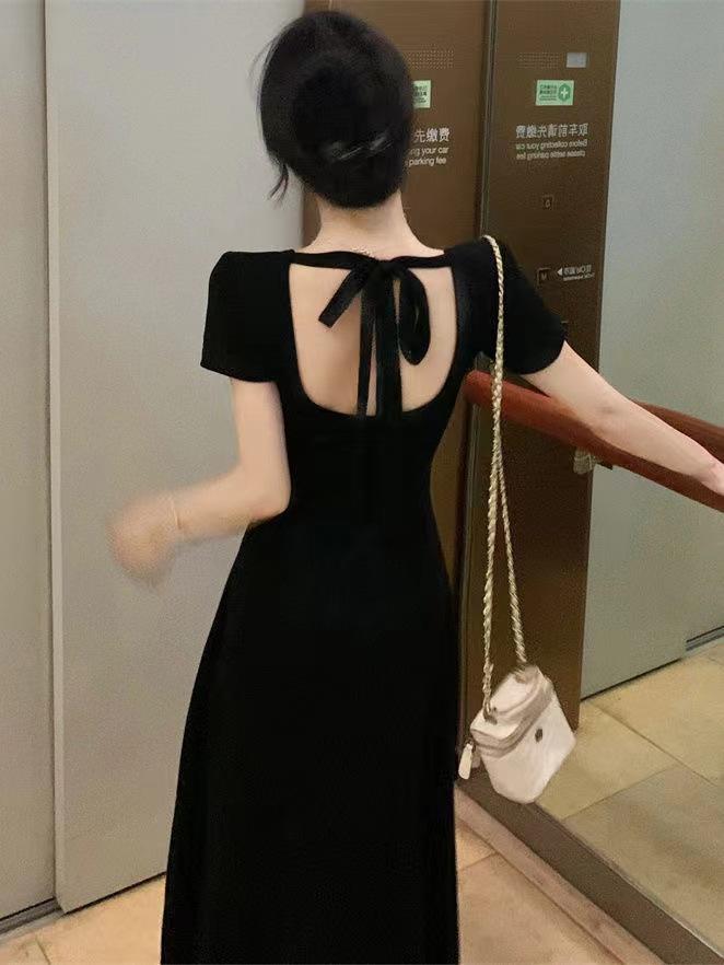 French Retro Hepburn Black Halter Dress, Summer Slim-fitting Waist and Thin Dress