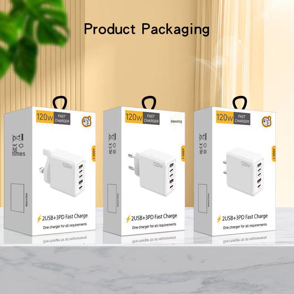 120W Multi-Port Fast Charger, PD+USB, Type-C, EU/US/UK Plug, Compatible with Apple Devices.