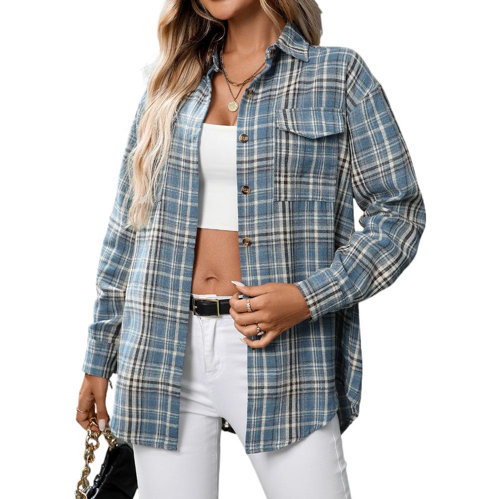 Autumn and Winter Casual and Fashionable Loose Checkered Pocket Shirts