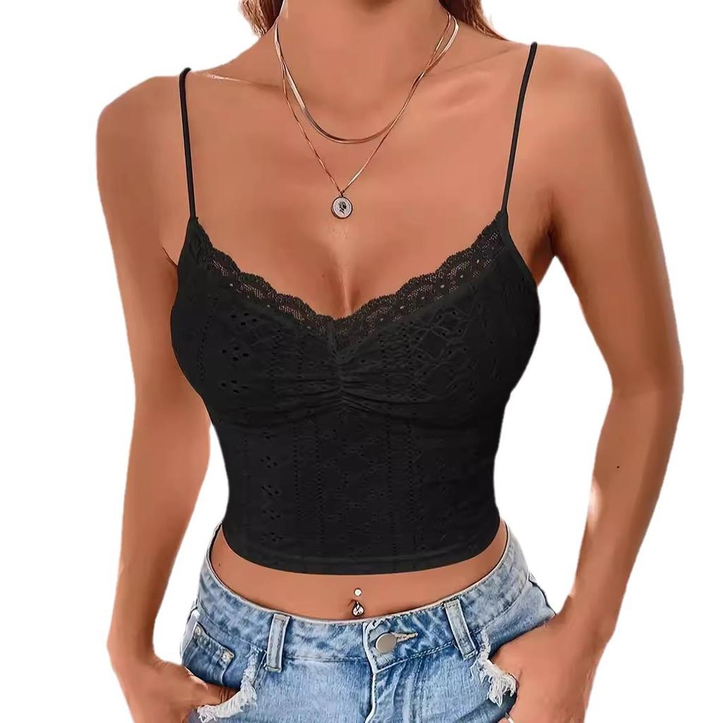 IHUASU Women's Solid Color Eyelet Jacquard Lace and Lace Cami Tank Top