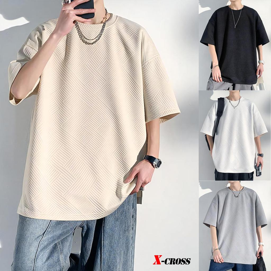 Oversized Short Loose Round Crew Big Korean Cool Short Simple X-cross Men's T-Shirt, Sleeve, Oversized, Solid, Opaque, Fit, 5/8 Sleeves, Polyester,