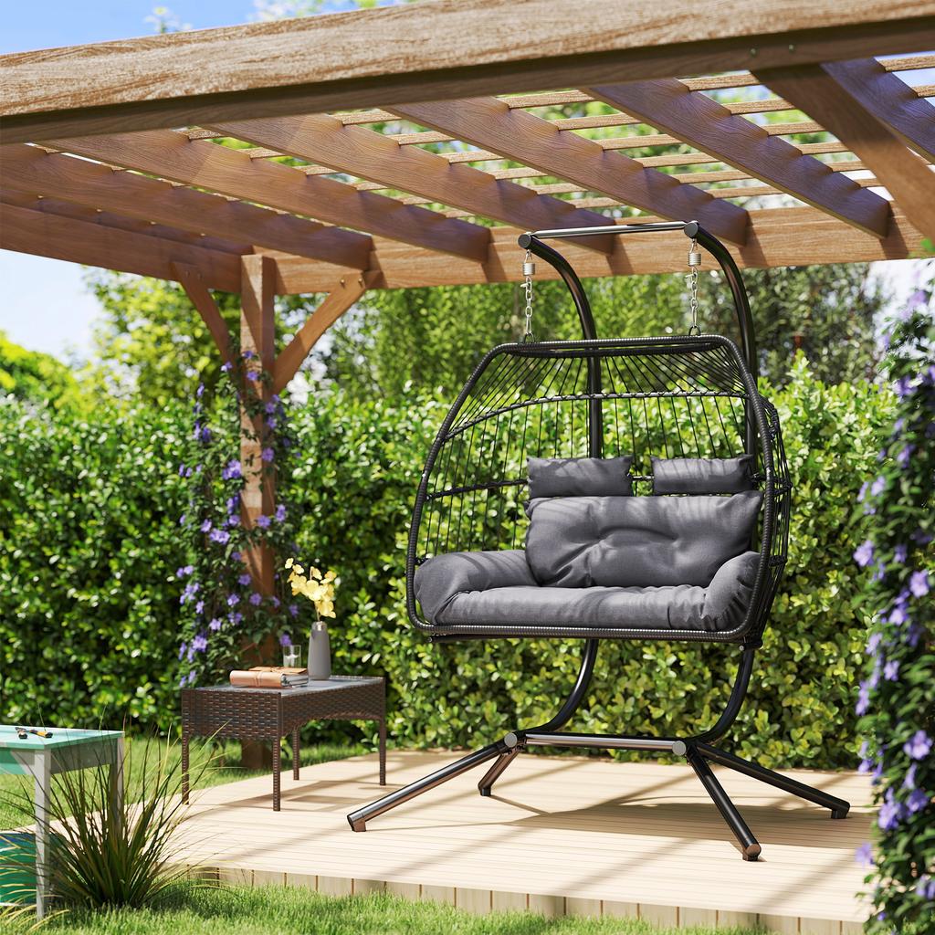 Rattan Double Hanging Egg Chair with Stand, Foldable Wicker Swing Egg Chair with Cushion, Head Pillows, Steel Frame, Hammock Chair for Indoor Outdoor