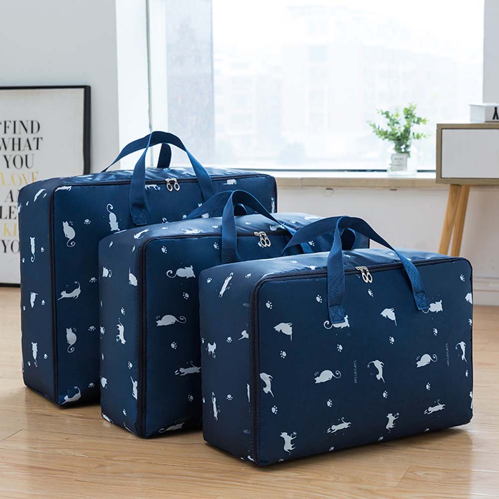 

3Pcs set Oxford Fabric Storage Bag Luggage Bag Closet Organizer for Clothes Quilt Navy blue catMedium + Large + Extra Large#0