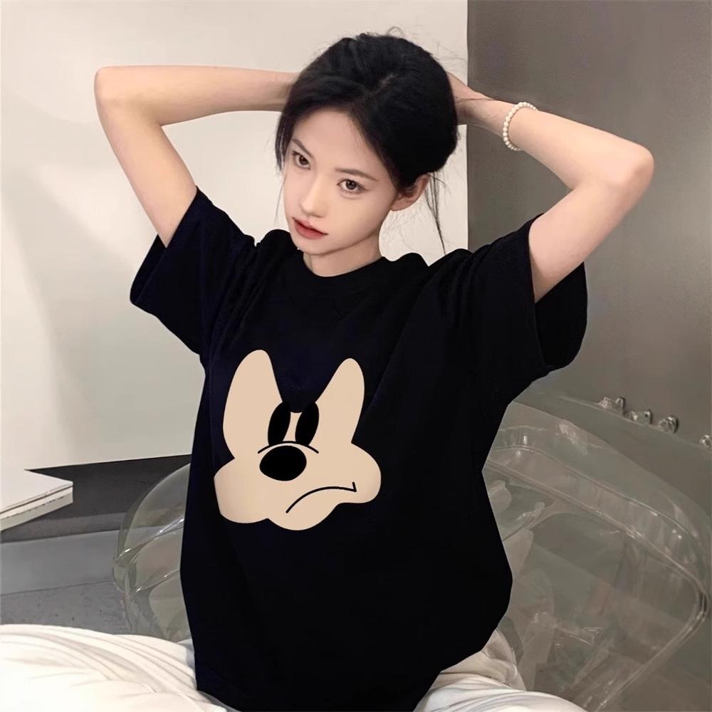 Women Pure Cotton Heavyweight Short Sleeve T-Shirt Cartoon Print Loose Lazy Tops Vintage American Casual Oversized Tees Summer Blouses
