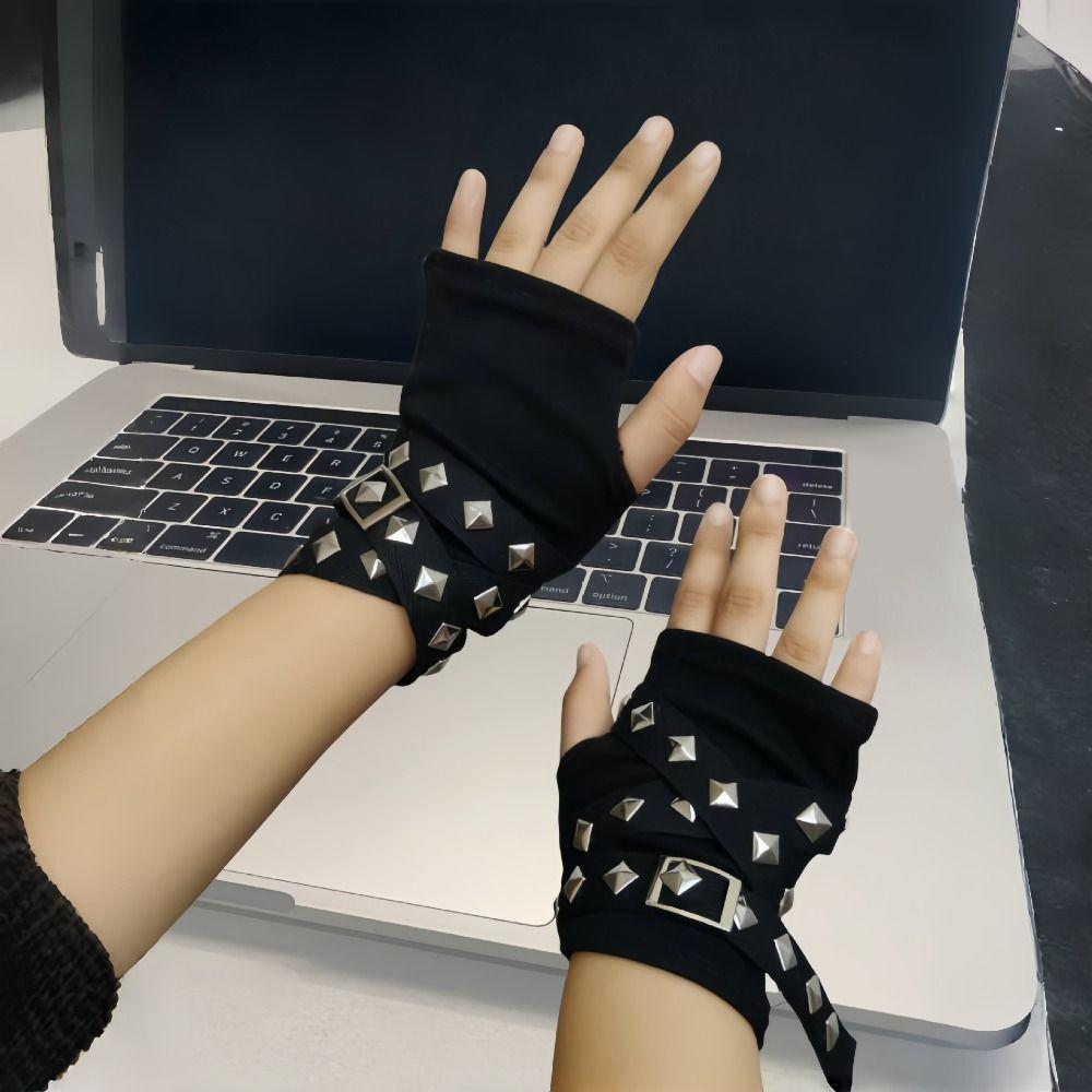 Black Rivet Strap Gloves with Buckle Straps Subculture Fingerless Gloves YK Hot Girl Gloves Wasteland Style Accessories
