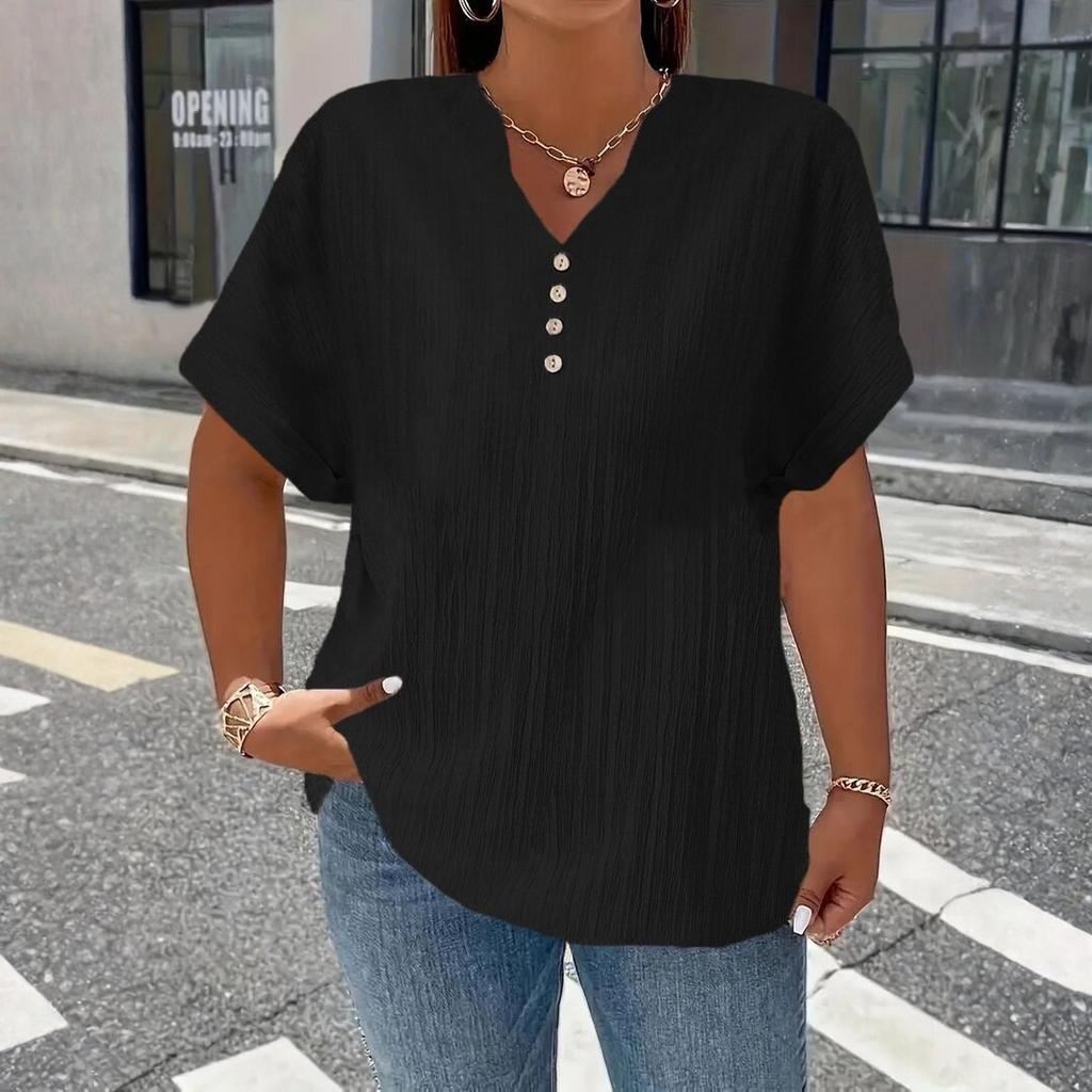 Women’s Short Sleeve V Neck Blouse with Button Loose Fit Tunic Top for Casual Daily Wear