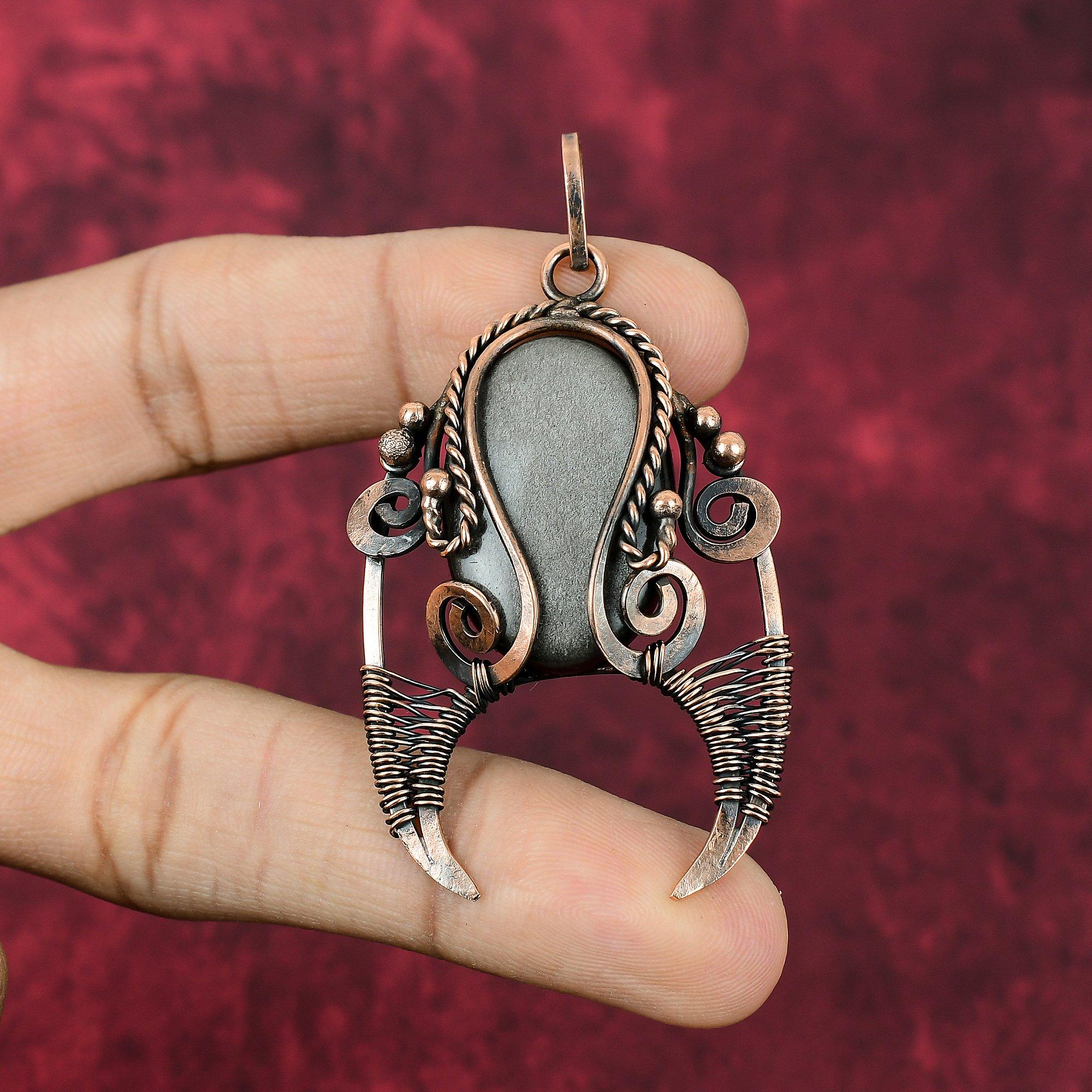 Silver Sheen Obsidian Pendant Copper Wire Wrapped Pendant Handmade Gemstone Pendant Beautiful Copper Jewelry Designer Pendant Gifts For Her