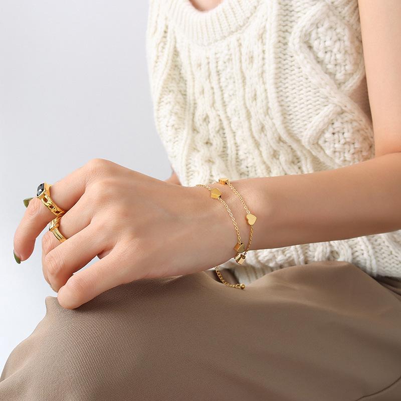 Elegant Double Layer Heart Bracelet in 18k Gold-Plated Titanium Steel