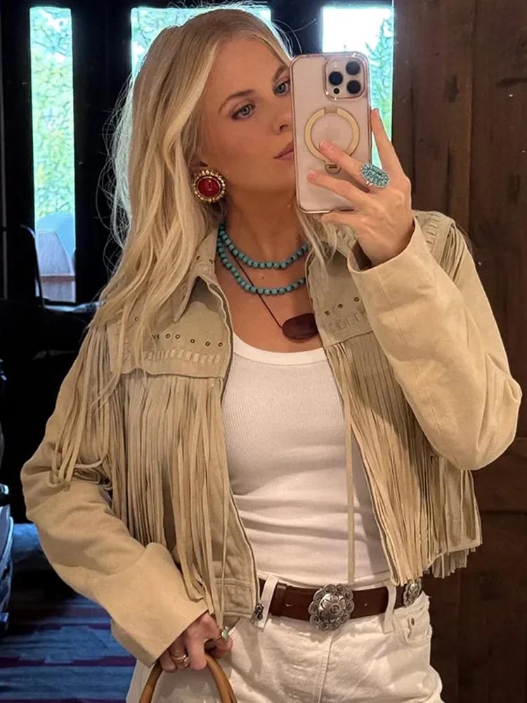 Short Pu Suede Jacket Women Fashionable New 2025 Long Sleeve Tassel Lapel Collar Cropped Slim Coat Lady Street New Outerwear