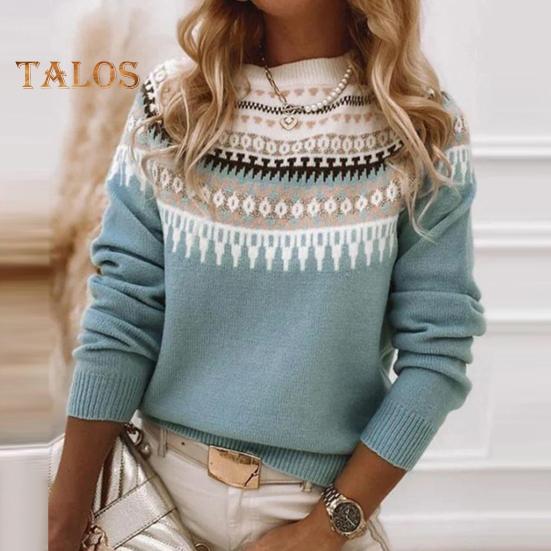 Damen Pullover Rundhals Langarm Häkelstrickpullover Geometrisches Muster Patchwork Farbe Stricktop