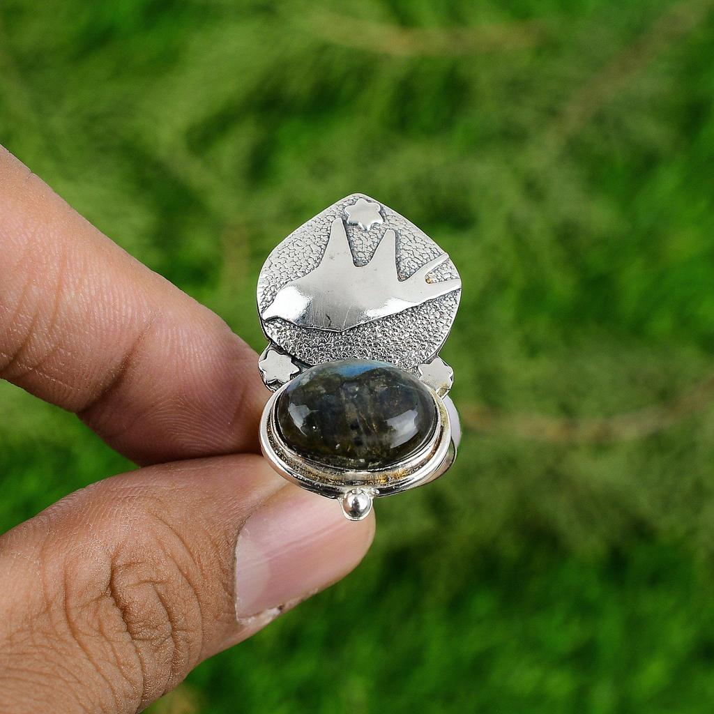 Gift For Women Stackable Bird Adjustable Ring 925 Silver Natural Labradorite