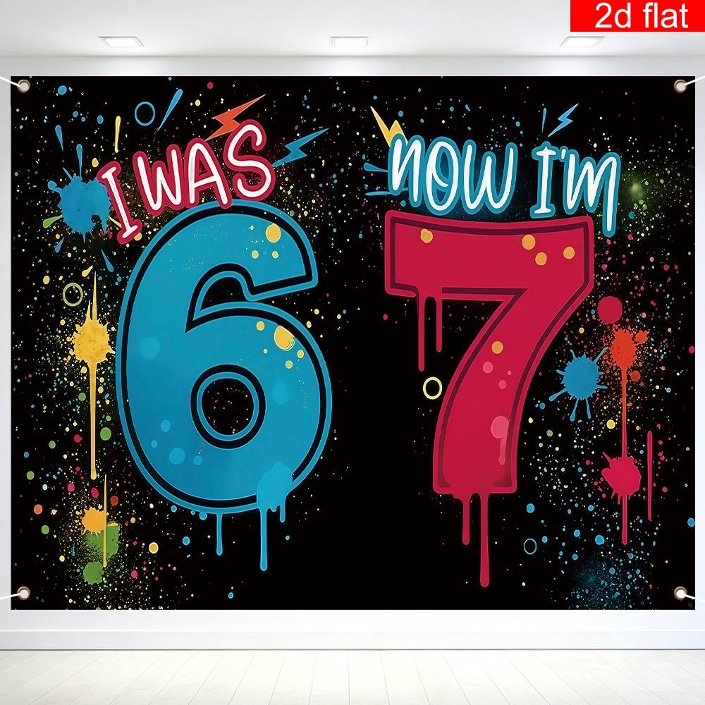 Birthday theme party photography background with the words I m 6 years old now I m 7 years old and graffiti patterns design 100x150cm