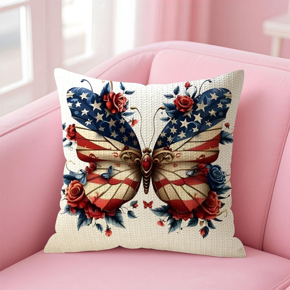 American Flag Butterfly Cushion Cover Natural Linen Pillow Case Double-Sided Print Decorative Sofa Pillowcase Home Decor Gift