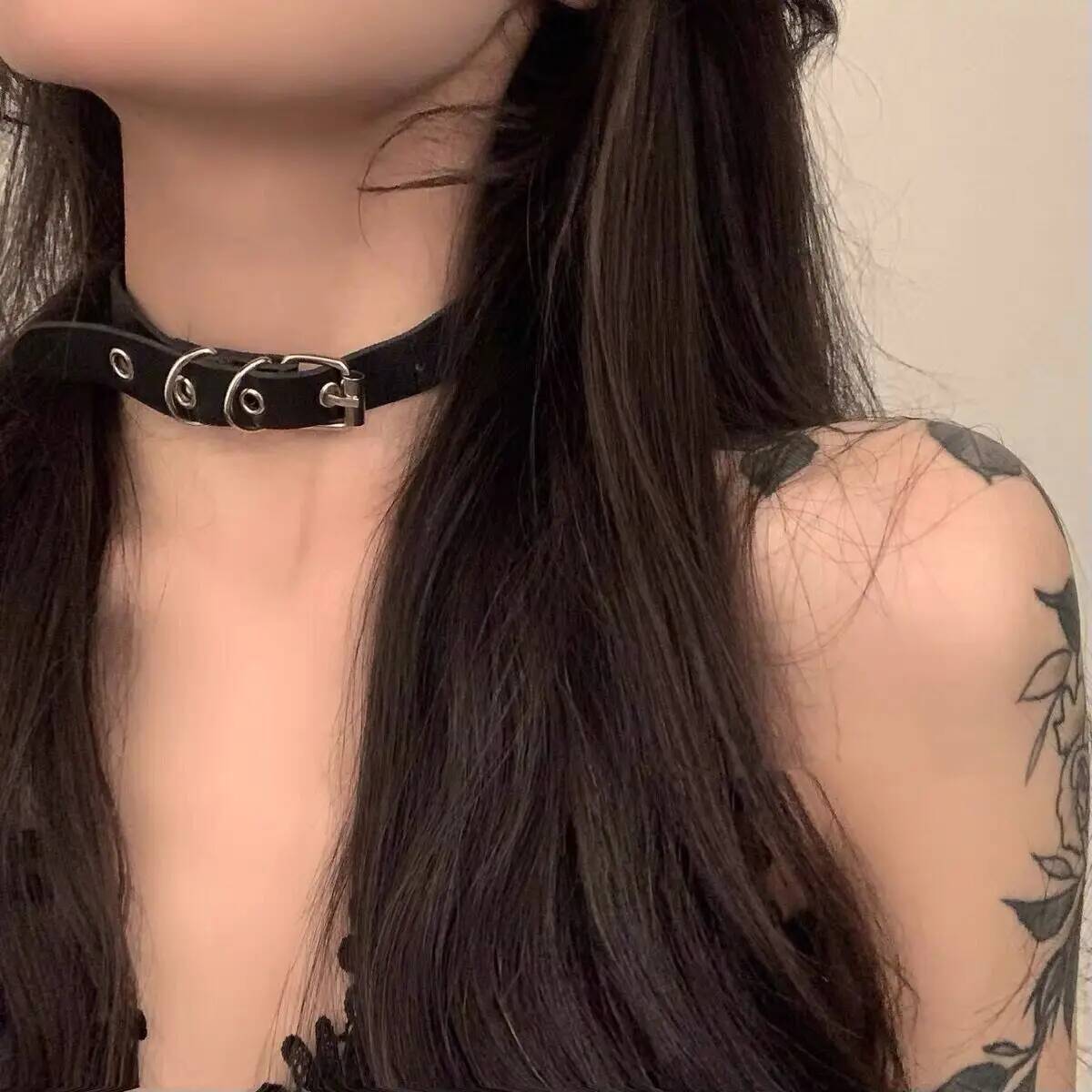 Hyunya s versatile flat buckle belt style choker collar, collarbone necklace, women s dark gift collar Dark Necklace