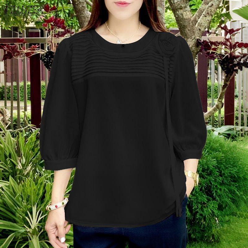 ZANZEA Dámska ležérna blúzka s okrúhlym výstrihom, jednofarebná, s polovičným rukávom