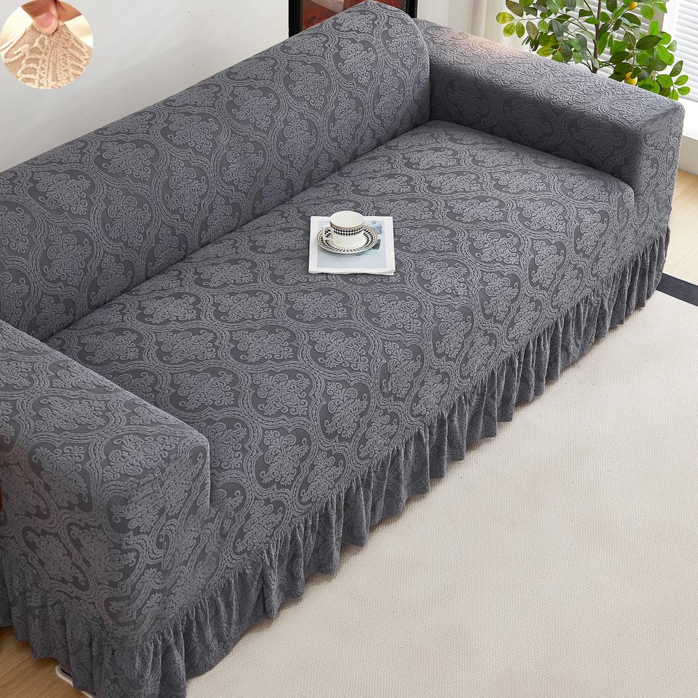 Non-slip Stretch Couch Cover 1/2/3/4 Seater Jacquard Solid Color Sofa Cover With Skirt for Bedroom Office Living Room Home Decor