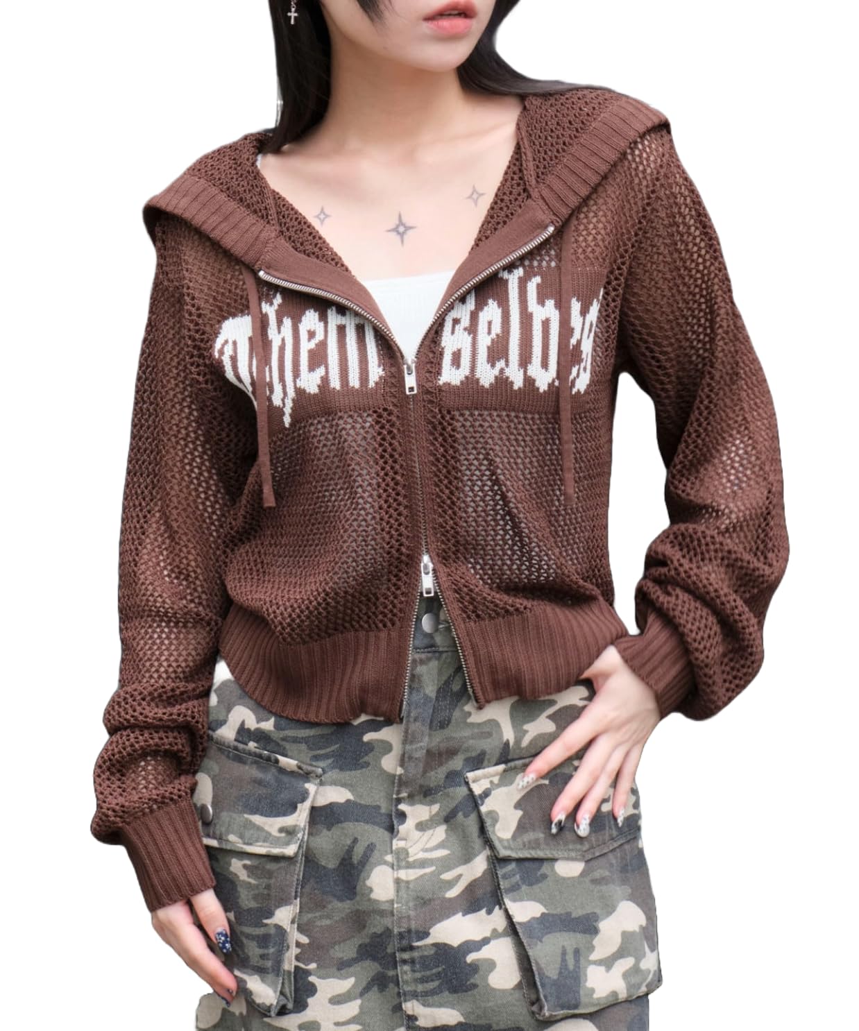 

WEGO Jacquard Mesh Hoodie Korean Size Brown Top, Autumn/Winter, Streetwear, Style, Women s, F,