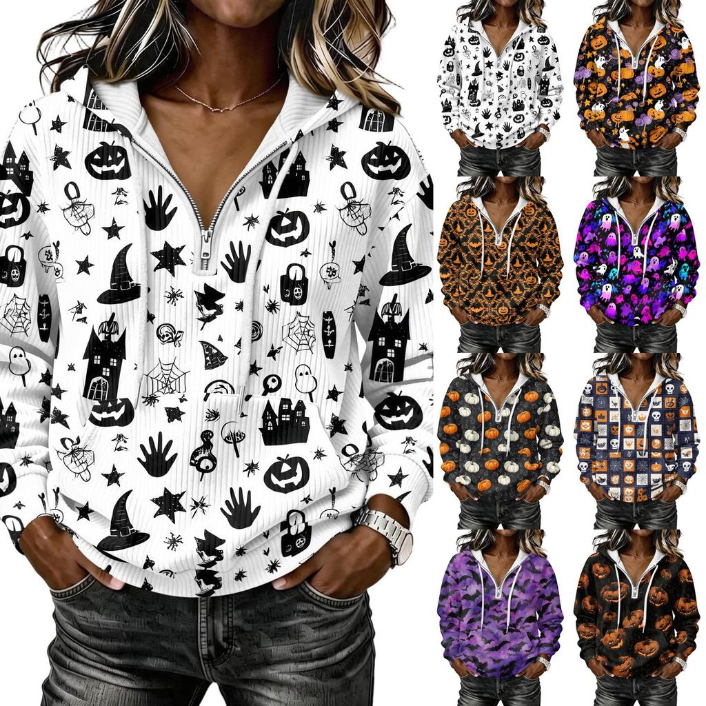 Women's Halloween Print Long Sleeve Hoodie Pullover Sweatshirt