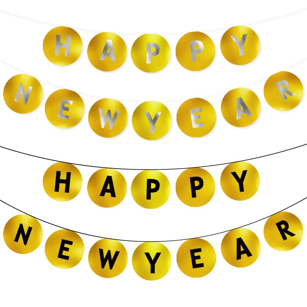 Glossy Gold Round 'Happy New Year' Bunting with 'HAPPY BIRTHDAY' Pull Flowers