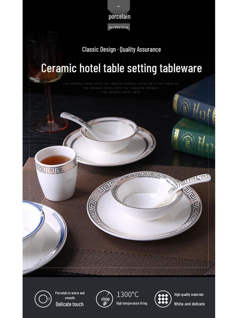 High-End Chinese Style Ceramic Tableware Set: 3-Piece or 4-Piece with Bowls, Plates, and Dishes for Restaurants and Clubs