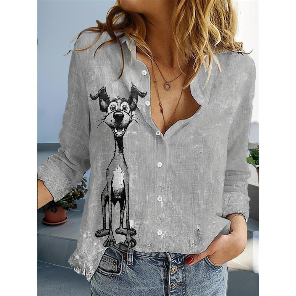 New Women's Shirts Bird Print Long Sleeve Shirt Loose Casual Fashion Shirt Large Size Women's Lapel Temperament Shirt