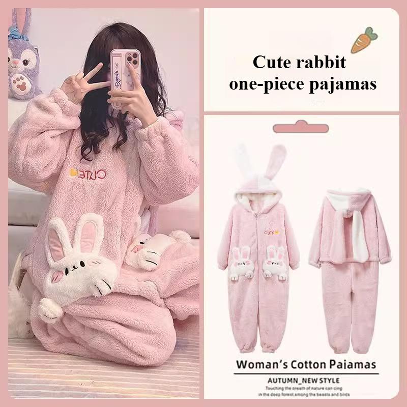 Winter Soft Girl Rabbit Pajamas Thickened Coral Fleece Cute One-piece Pajamas Girl Cartoon Ins Loungewear Nightgown